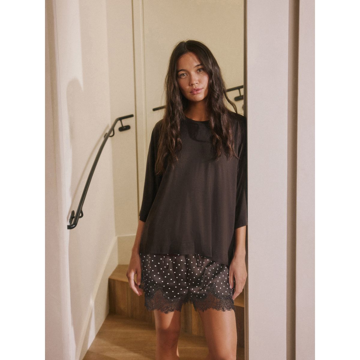Ensemble pyjama short à détails dentelle tache brun chocolat, NEXT