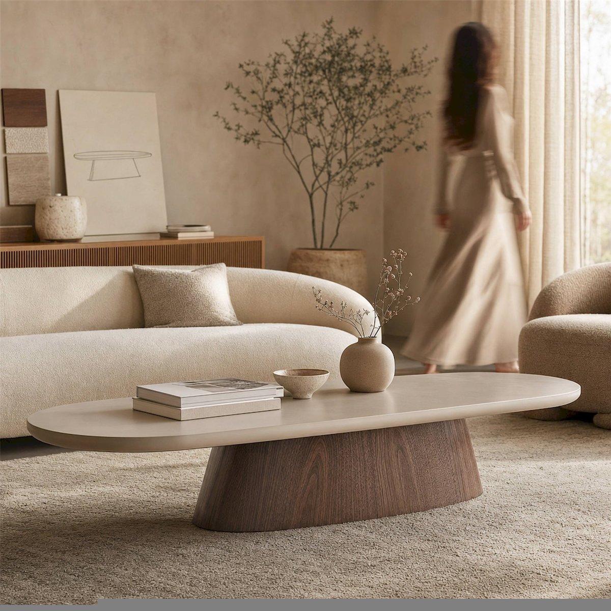 Table basse contemporaine en bois taupe et noyer brun, RECOLLECTION