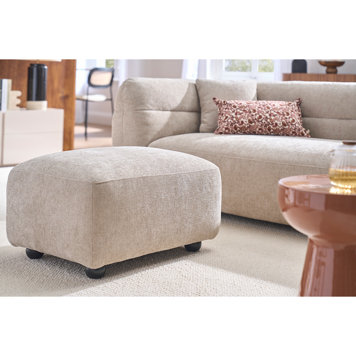 Pouf repose pieds en tissu effet velours texturé beige JOYA beige, MILIBOO