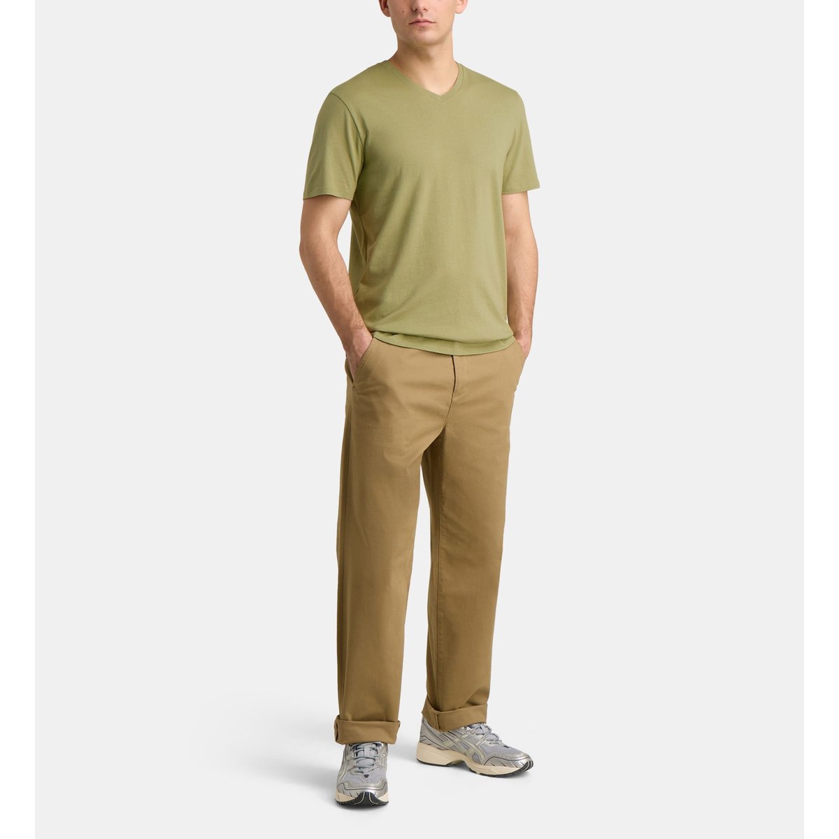 T-shirt sishev droit coton biologique col v vert amande, GALERIES LAFAYETTE