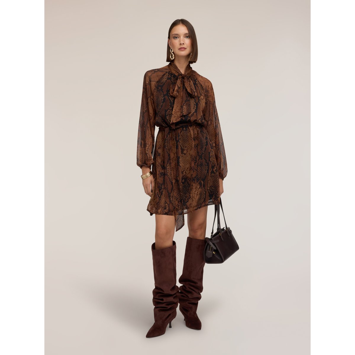 Robe courte drapée à imprimé python marron, MOTIVI