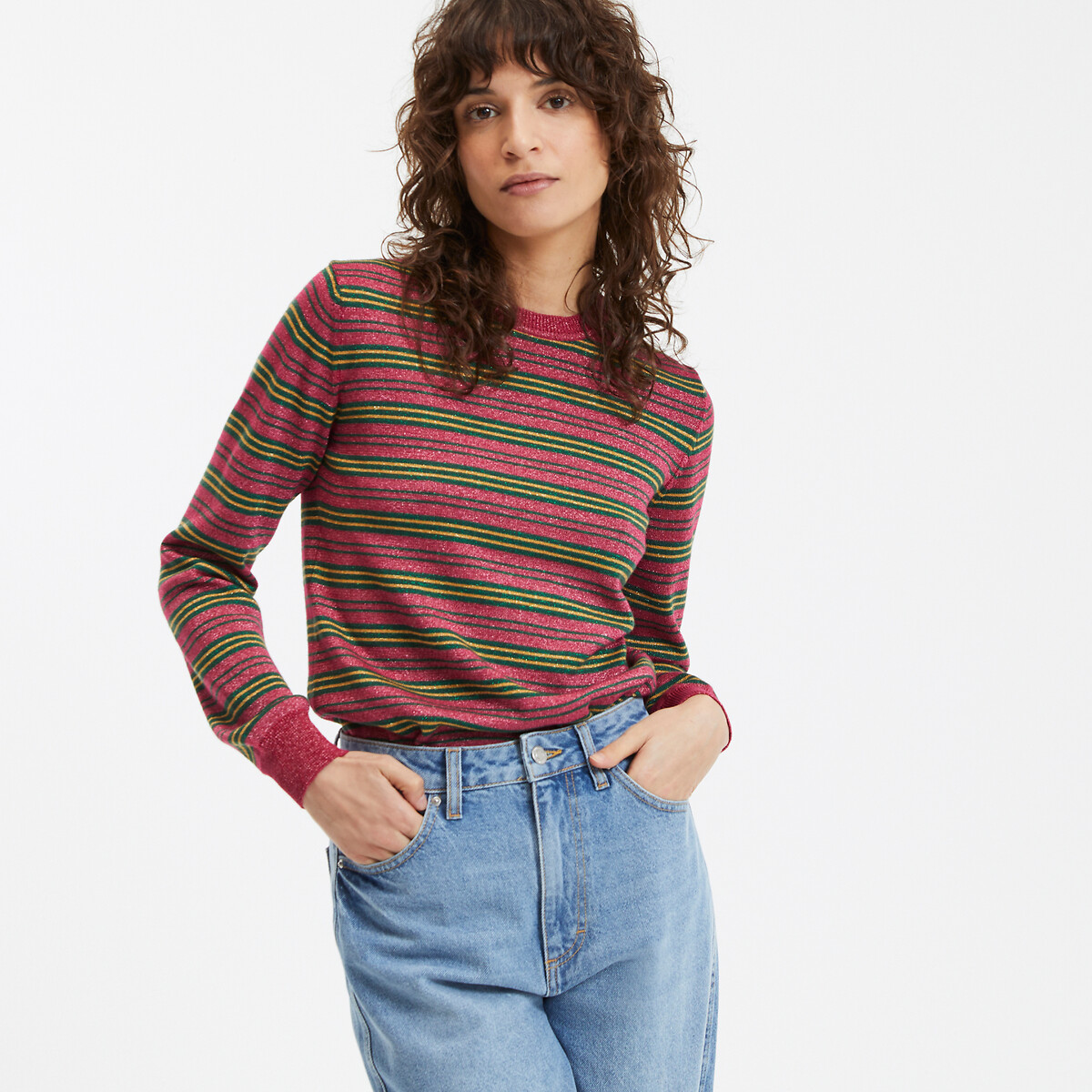 Striped Crew Neck Jumper, in Fine Knit with Sparkly Thread pink striped, LA REDOUTE COLLECTIONS
