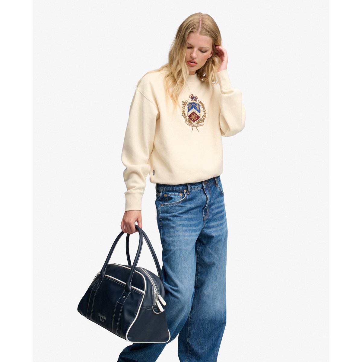 Sweat Crest col rond coupe décontractée crème naturel, SUPERDRY