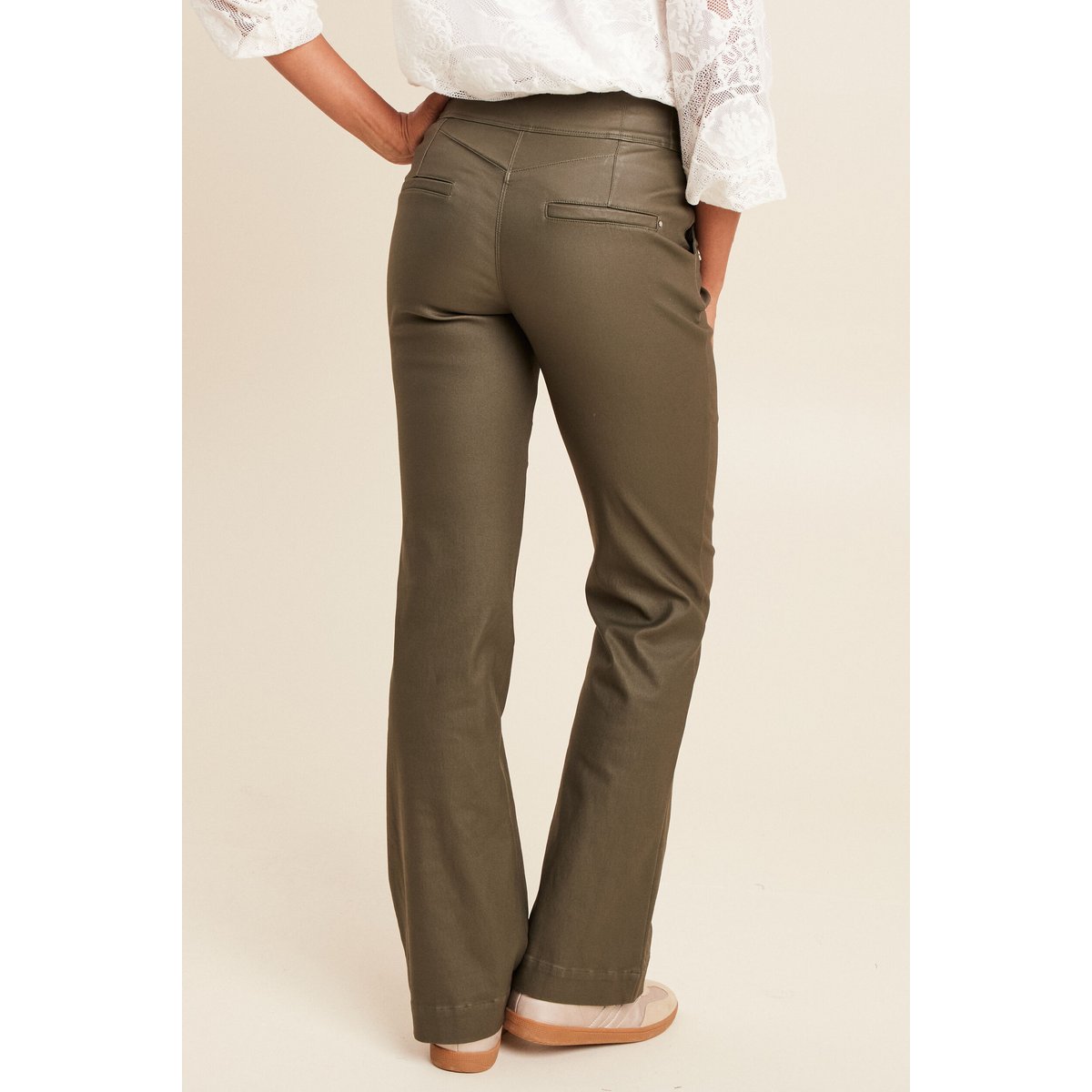 Pantalon bootcut enduit taille haute vert kaki, BREAL