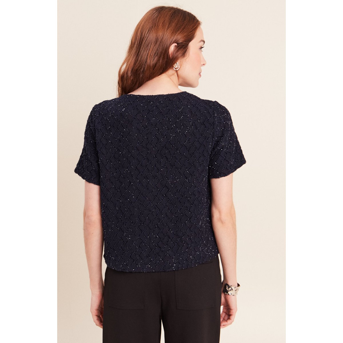 T-shirt col rond manches courtes doublé bleu foncé, BREAL