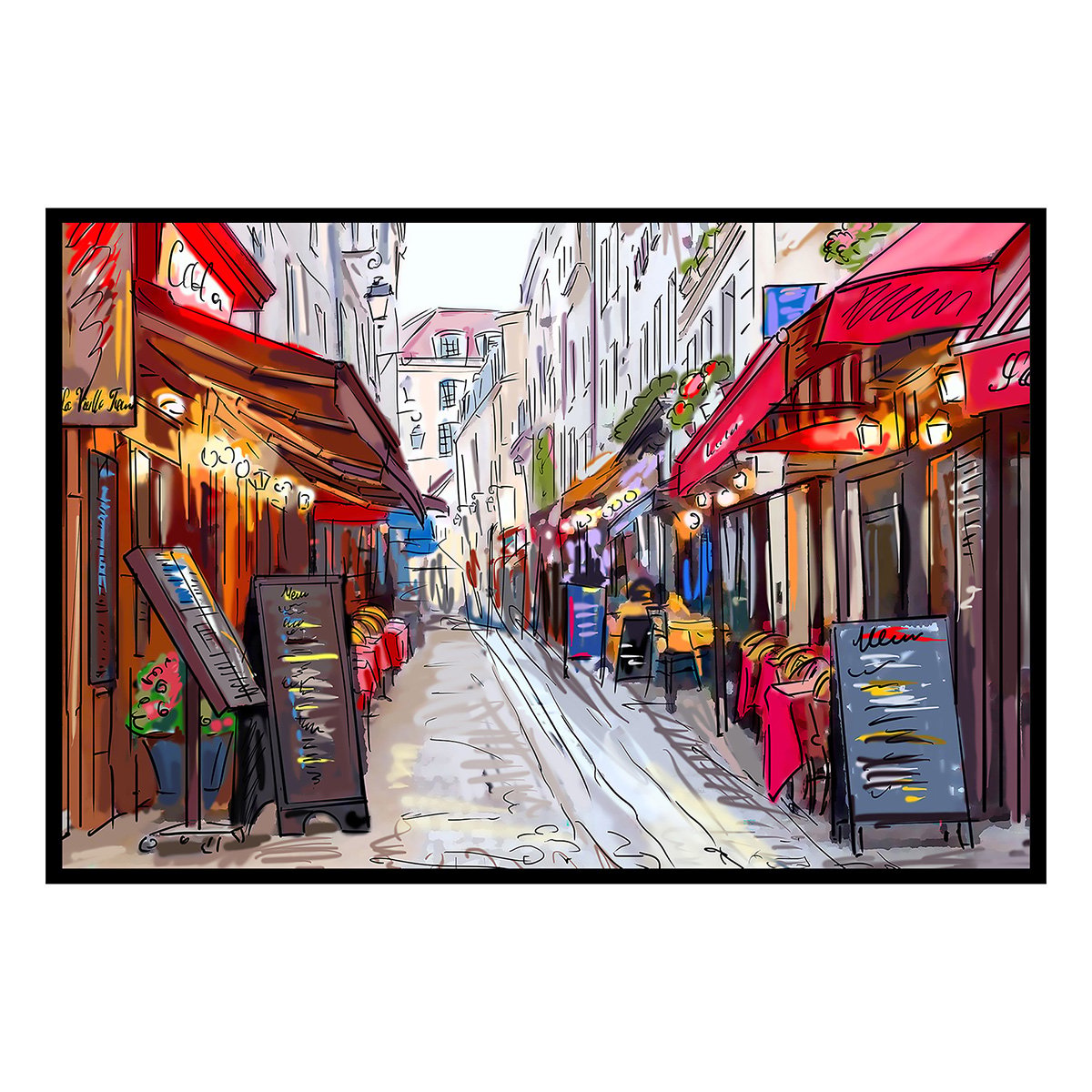 Affiche encadrée rue parisienne illustrée affiche + cadre en métal - noir, HEXOA