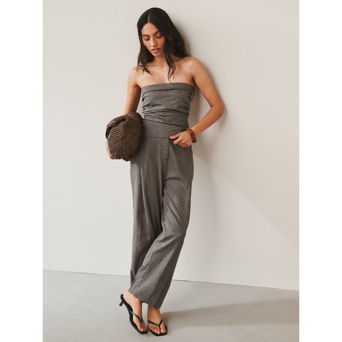 Top bandeau froncé en lin majoritaire marron, NEXT