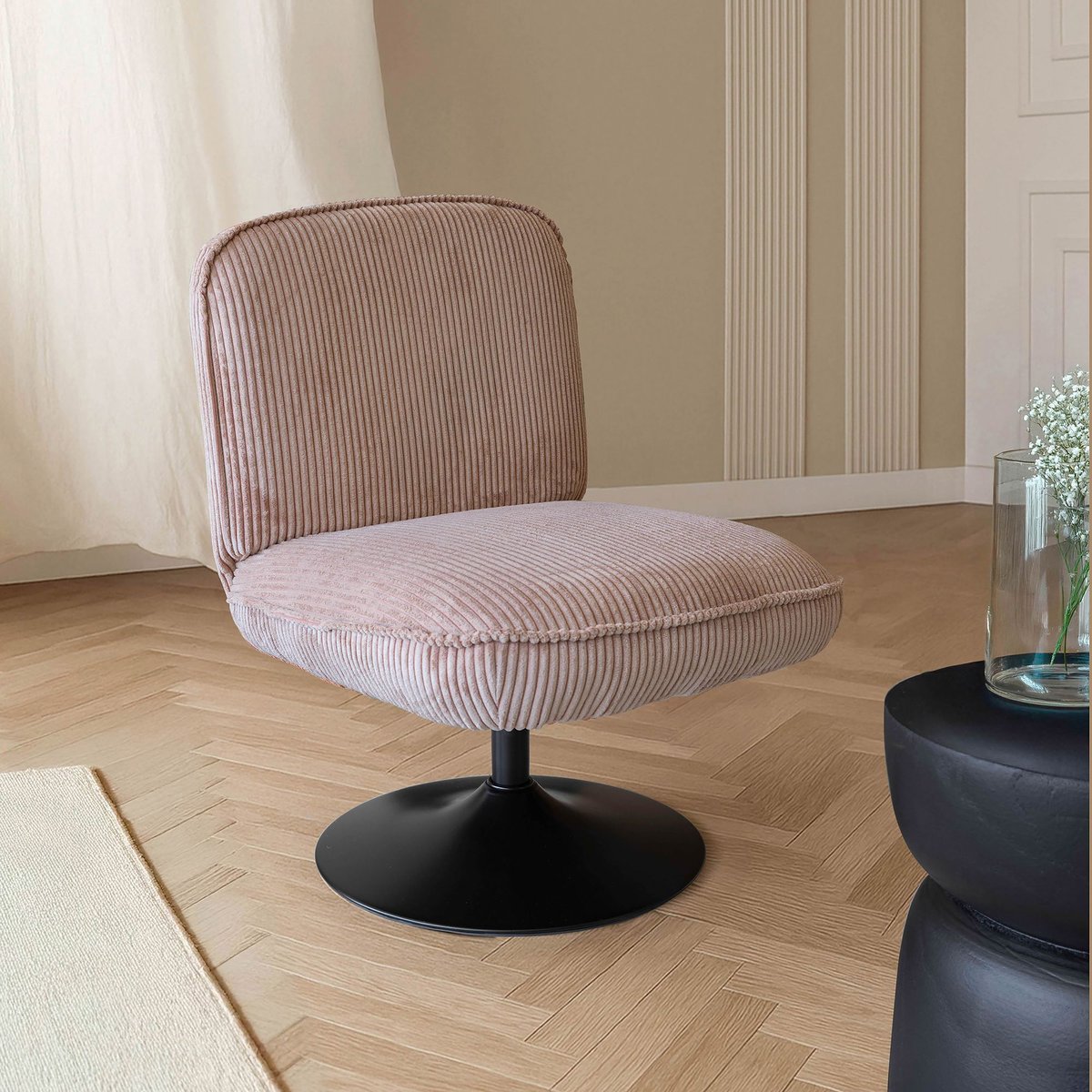 Fauteuil pivotant en velours côtelé, FUNKY rose, NOW'S HOME