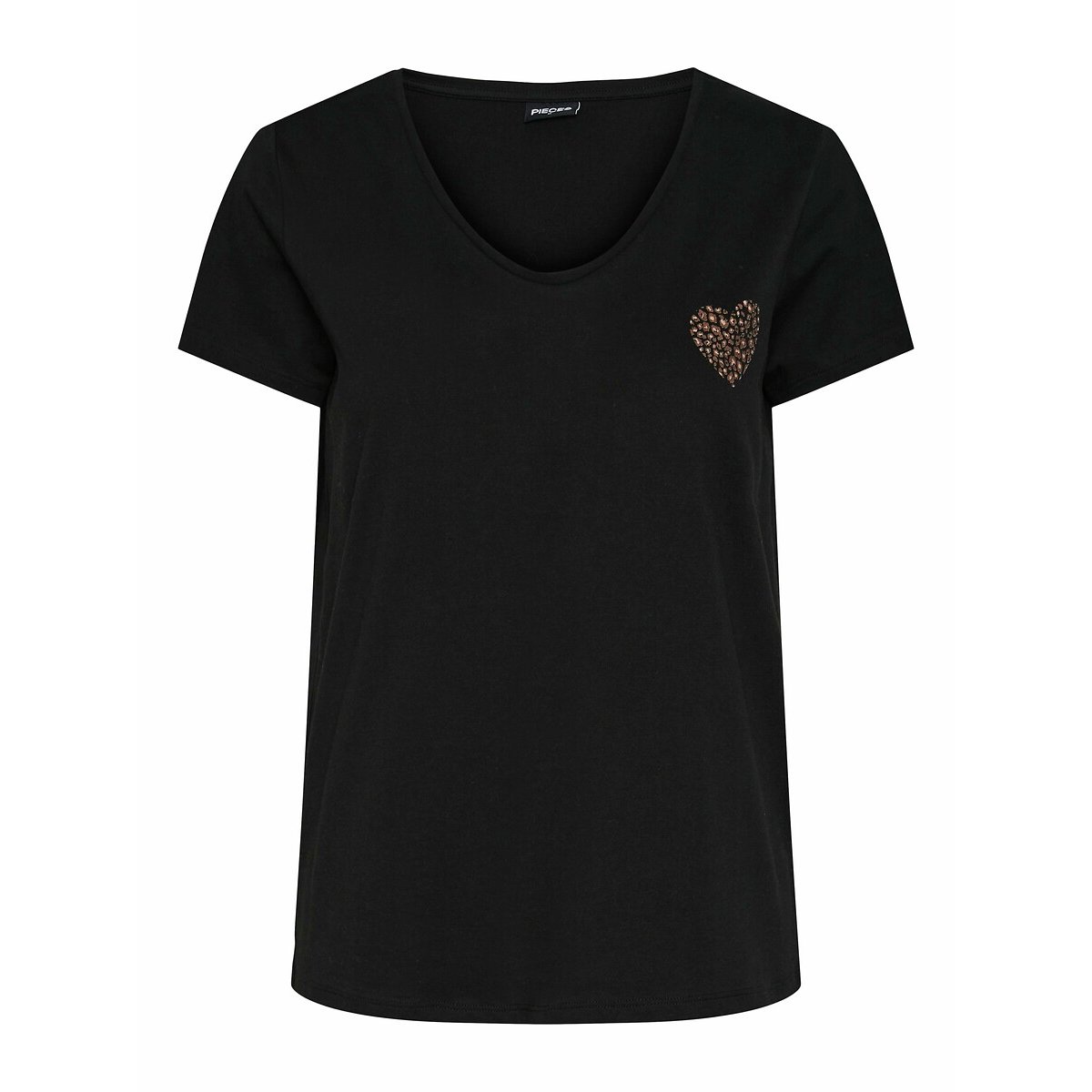 Tshirt col V, cœur brodé noir/léopard, PIECES