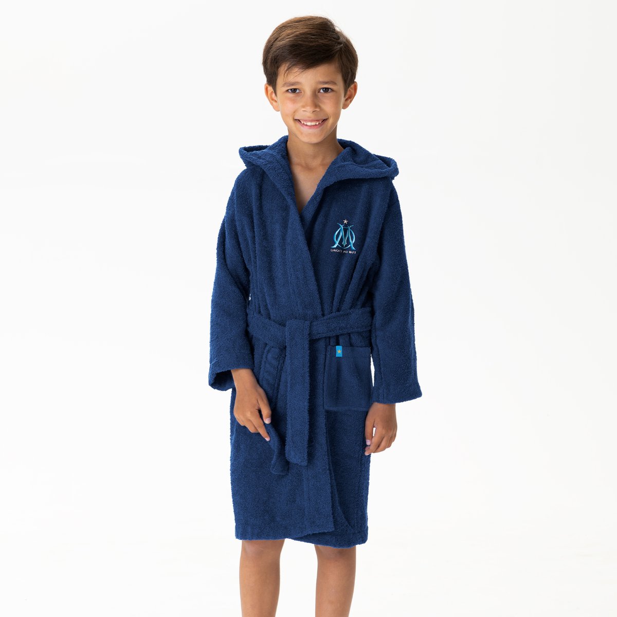 Peignoir enfant brodé 100% coton, OM RUBAN bleu marine, OLYMPIQUE DE MARSEILLE
