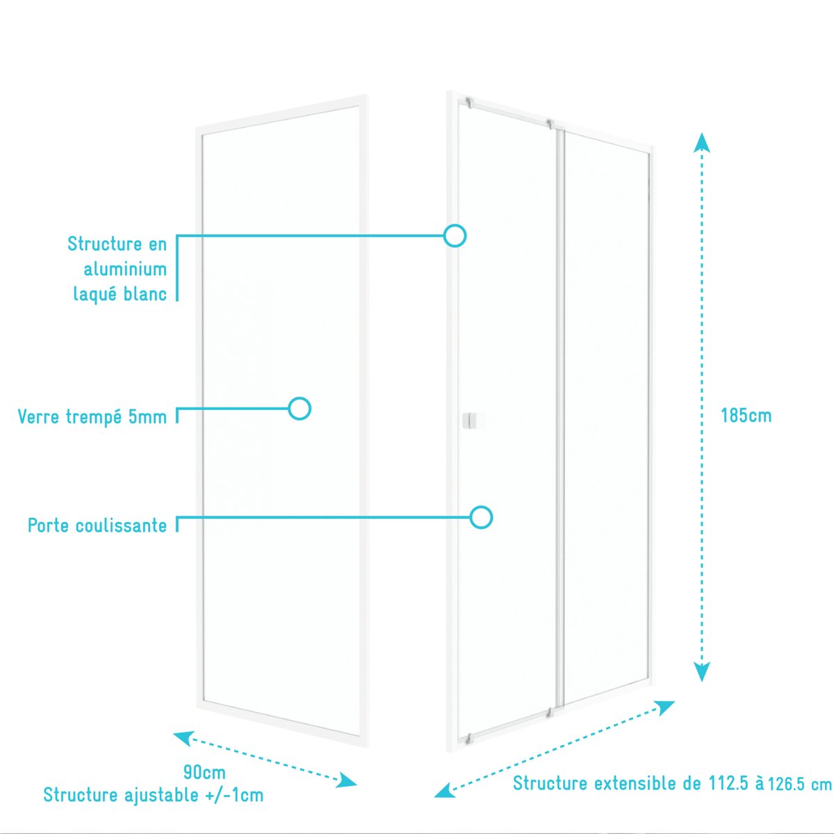 Porte de douche coulissante en verre trempé avec paroi de retour blanc, HOME MAISON
