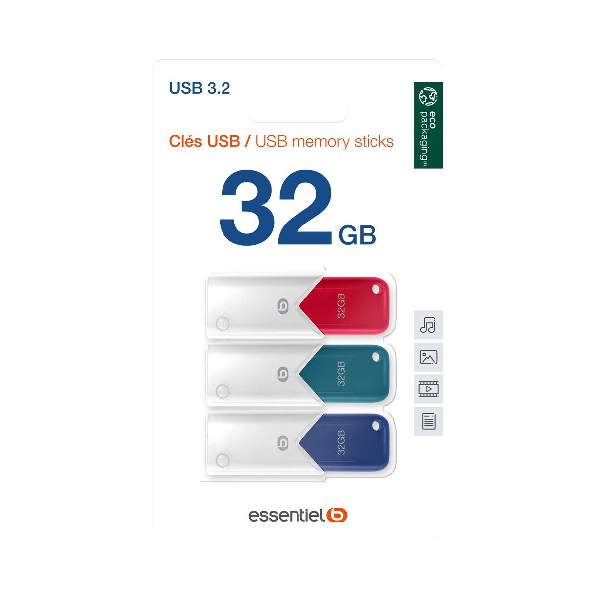 Clé USB Tripack x 3 32Go couleur unique, ESSENTIEL B