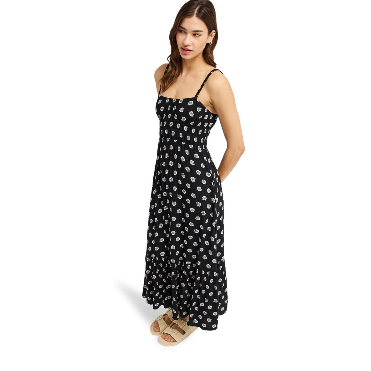 Robe à bretelles SUNRISE COASTLINE PRINTED. noir anthracite hibiscus dots, ROXY