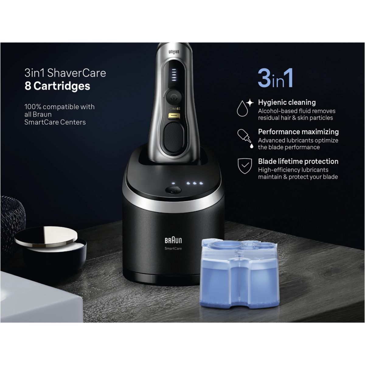 Cartouche nettoyante nettoyante ShaverCare 3-en-1 pour rasoir x8 cartouches couleur unique, BRAUN
