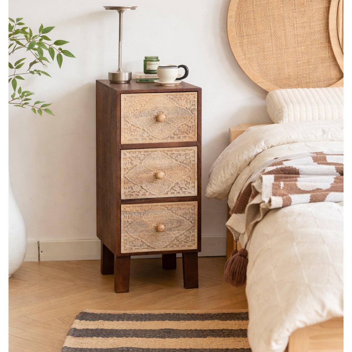 Chiffonnier 3 tiroirs, bois de manguier, MADURAI finition noyer, NORDLYS