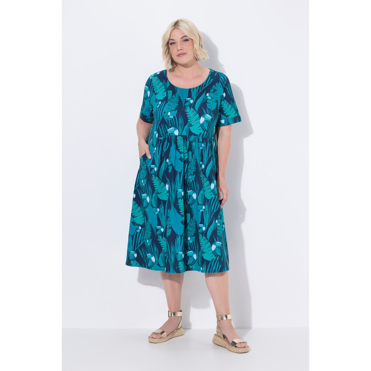 Robe midi en jersey, motif toucans bleu turquoise, ULLA POPKEN