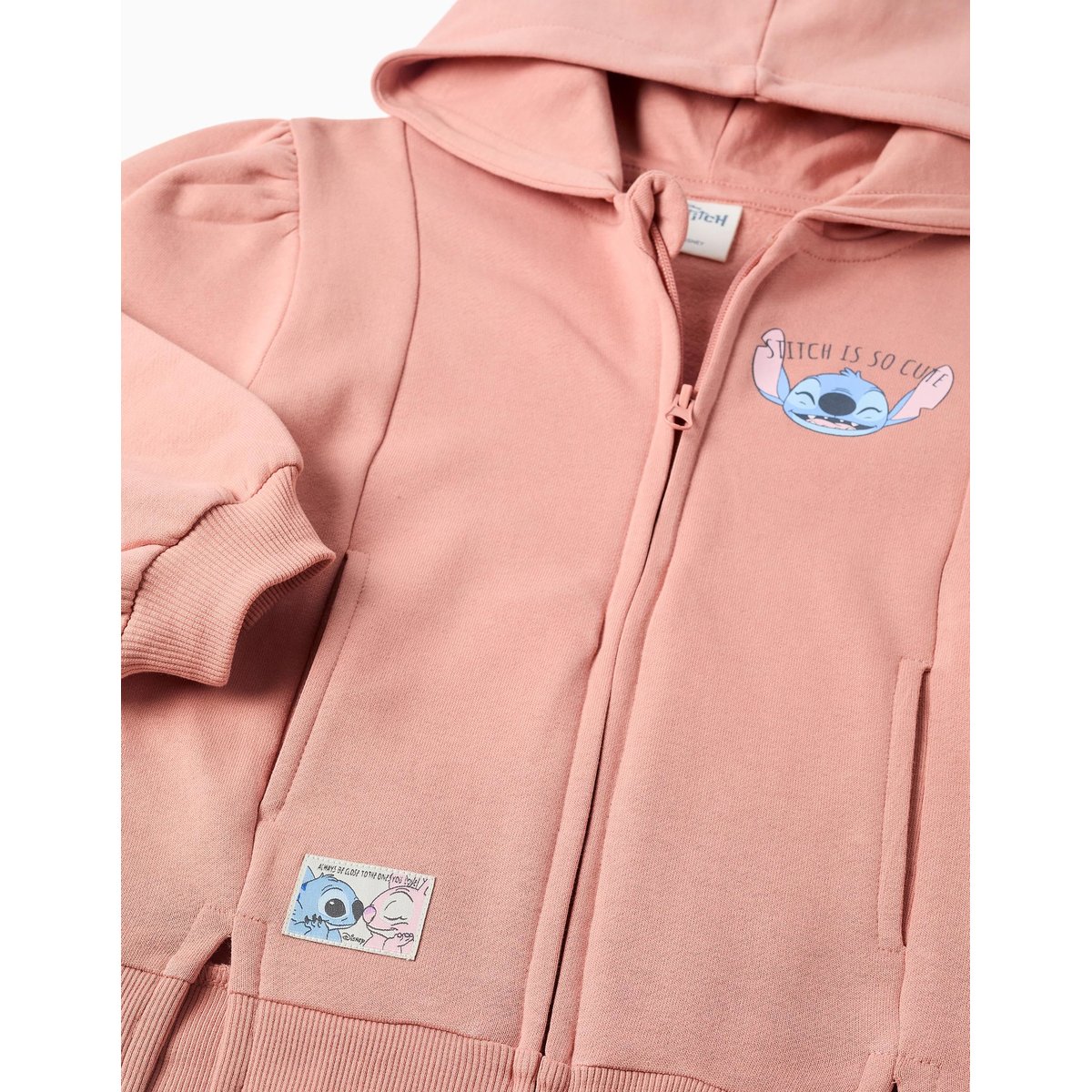 Sweat zippé en coton peigné en molleton avec capuche et imprimés Stitch rose, ZIPPY