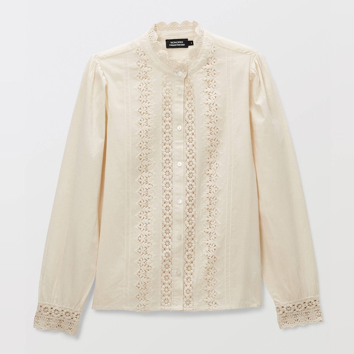Chemise manches longues avec détail de dentelle ecru, MONOPRIX