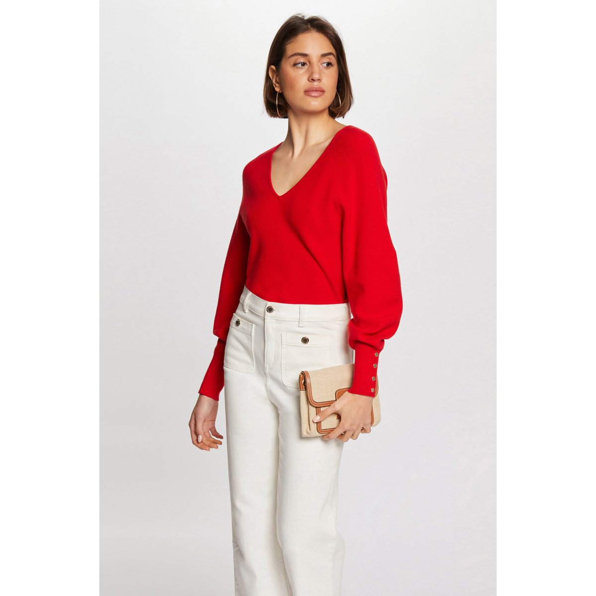 Pull col V en fine maille rouge, MORGAN