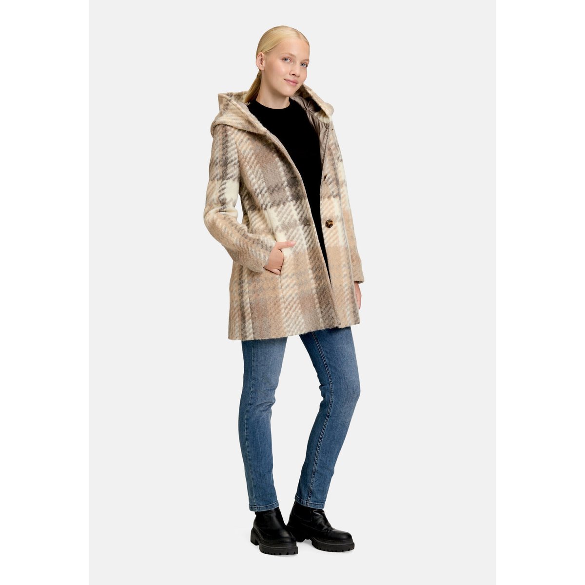 Manteau court à capuche blanc/taupe, AMBER & JUNE