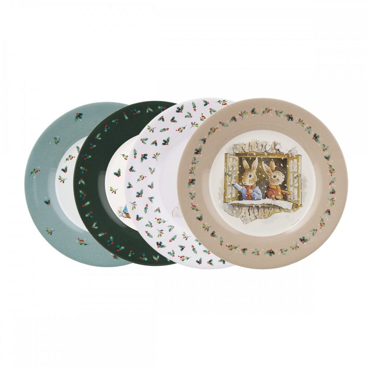 Set de 4 assiettes dessert PIERRE LAPIN Noël vert, blanc, beige., PETIT JOUR