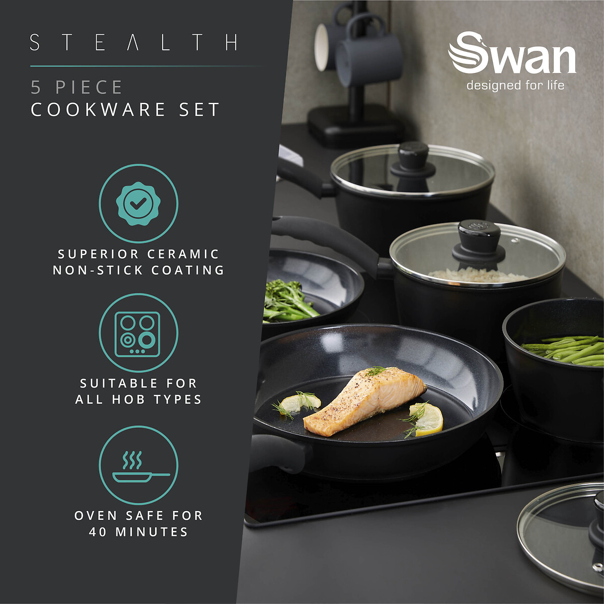 5-Piece Stealth Cookware Set black, SWAN