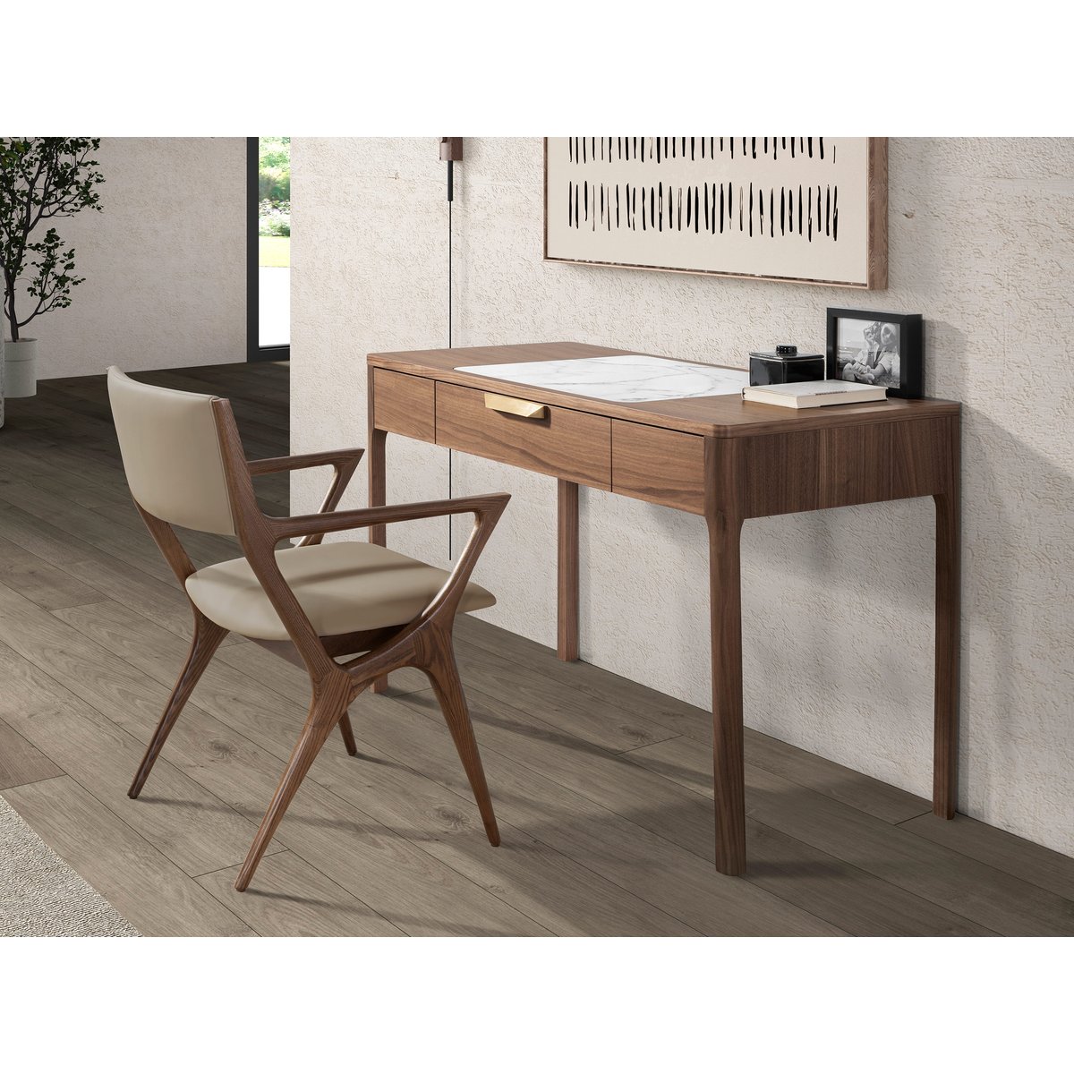 Coiffeuse en noyer avec plateau en verre marbré et brillant blanc | gris | noyer, ANGEL CERDA