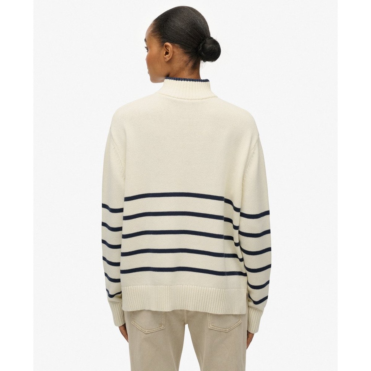 Pull en maille à col camionneur rayures bleu marine profond et blanc cassé, SUPERDRY