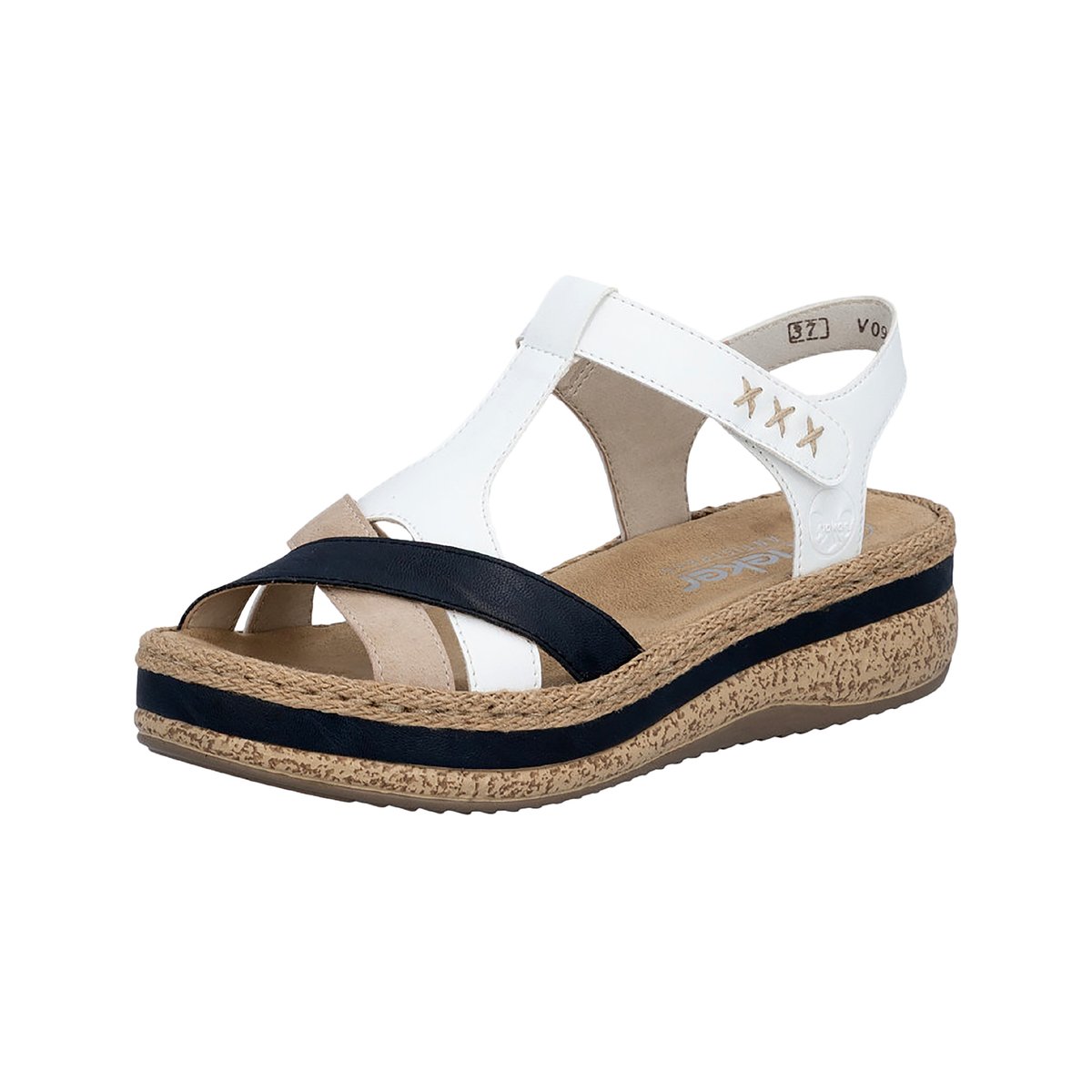 Nu-pieds kaki à semelle compensée avec une bande auto-agrippante blanc, RIEKER