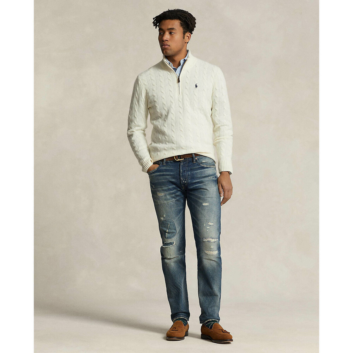 Cable Knit Jumper in Wool and Cashmere ecru , POLO RALPH LAUREN