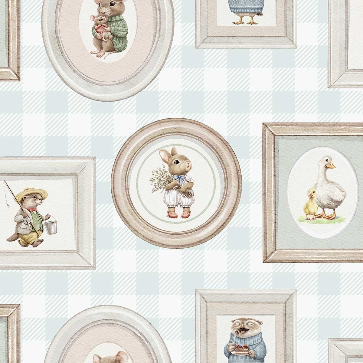 Papier peint animaux portraits vichy bleu enfant beige, HEXOA