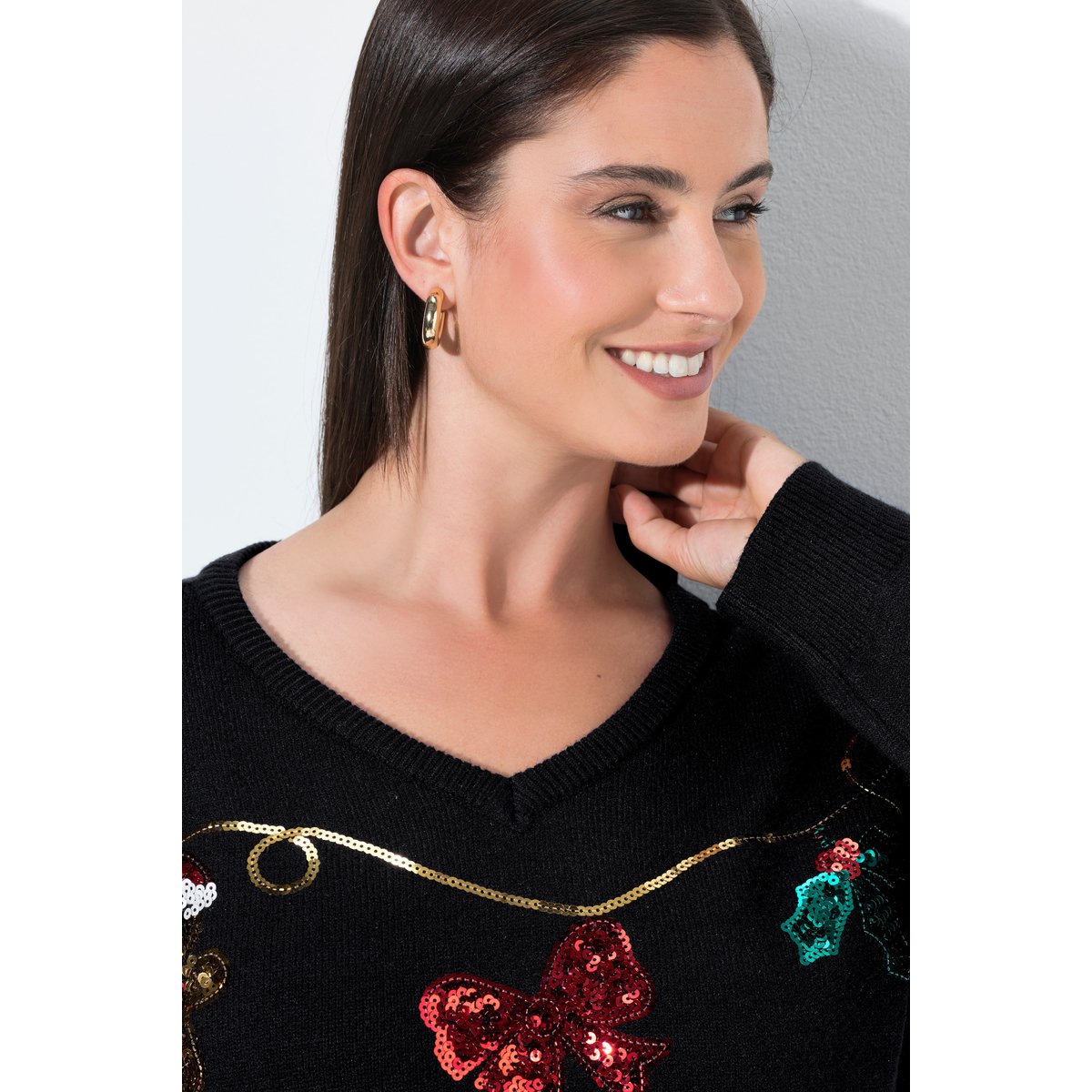 Pull de Noël, motif guirlandes noir, ULLA POPKEN