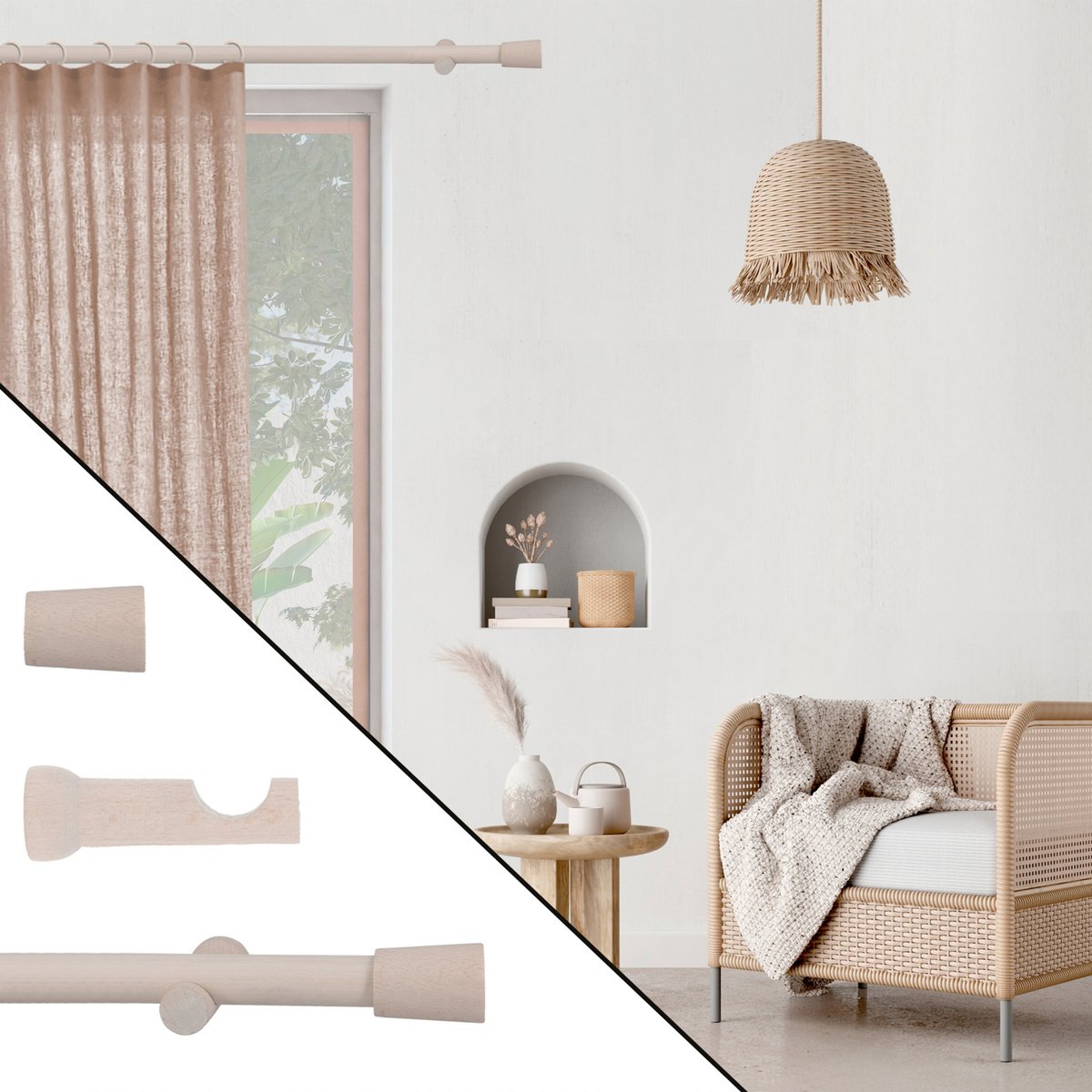 Kit tringle à rideaux en bois avec embout conique D28mm blanc, MOBOIS