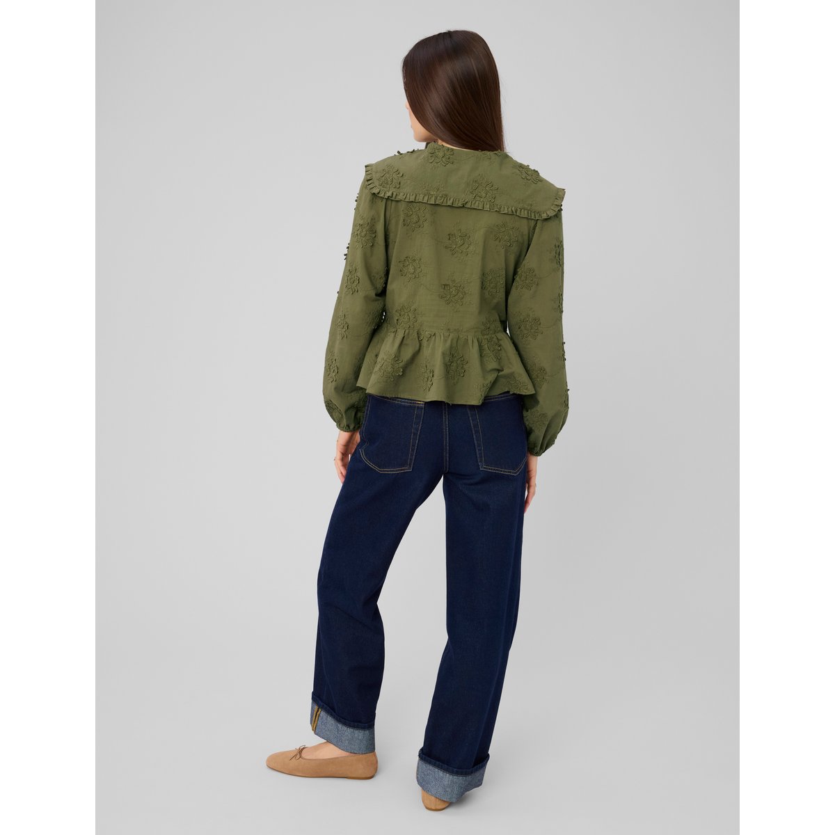 Chemise maxi col broderie 3d vert kaki, BZB