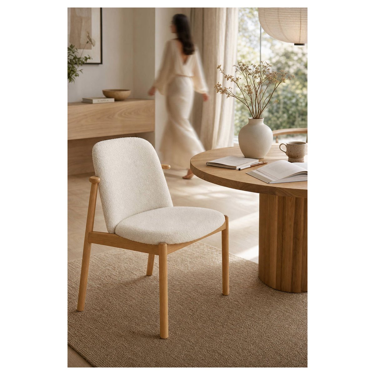 Chaise en hêtre et tissu bouclé naturel et blanc, RECOLLECTION