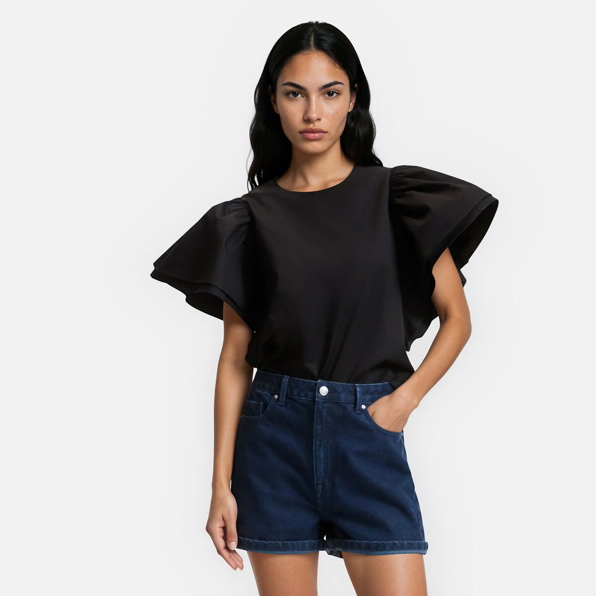 Blouse col rond manches courtes volantées noir, LA REDOUTE COLLECTIONS