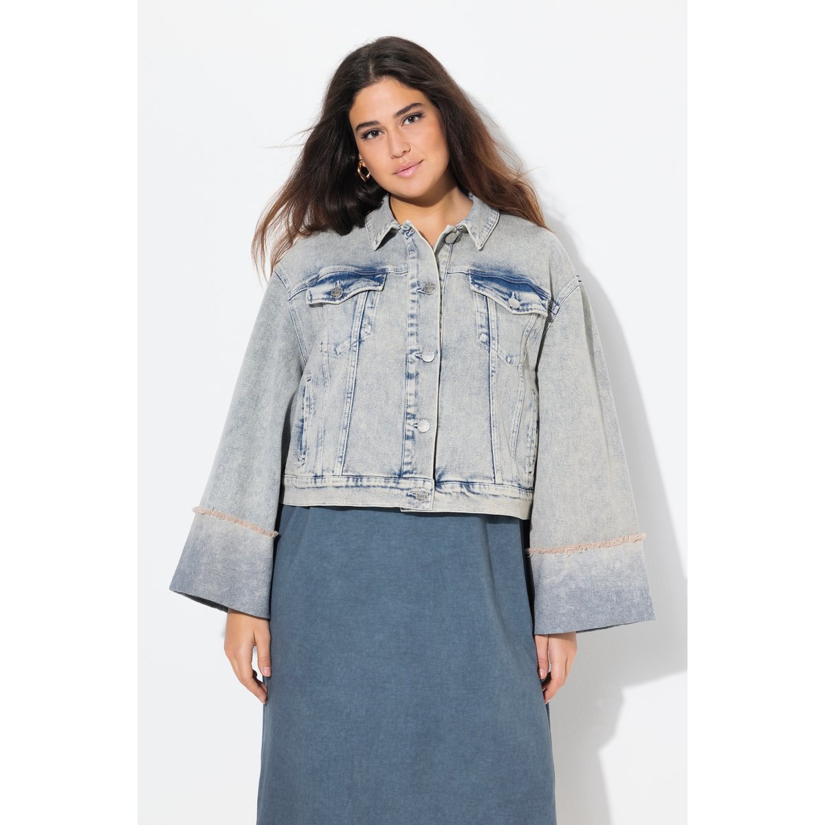 Veste en jean stretch. Col chemise bleu jean mat, ULLA POPKEN