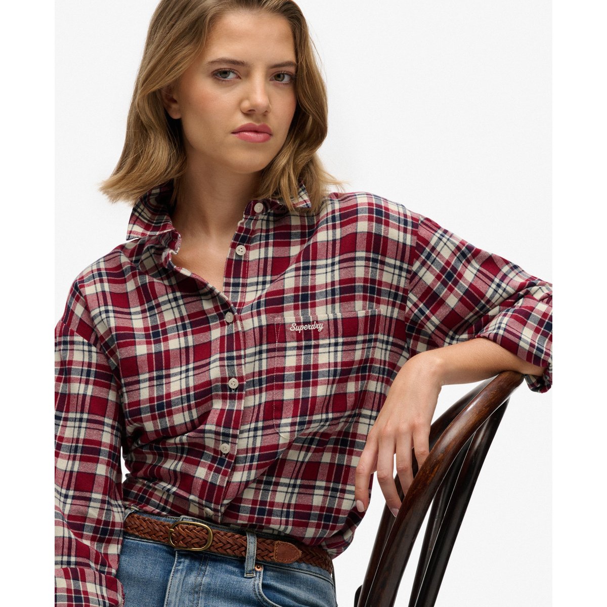Chemise décontractée en flanelle à carreaux carreaux rouge bordeaux, SUPERDRY