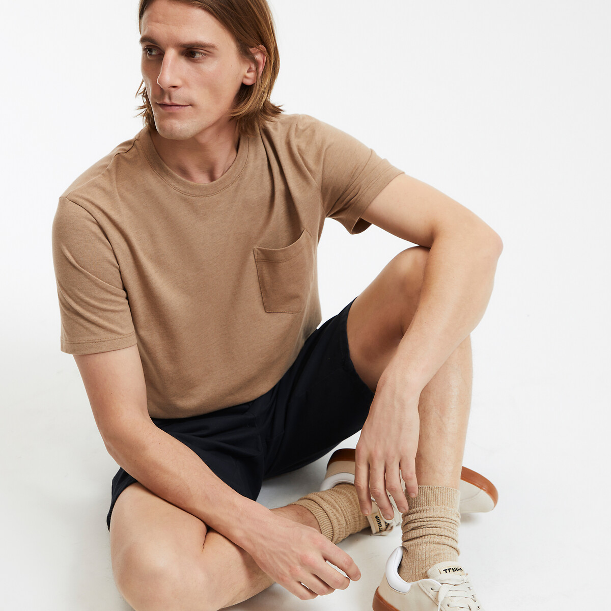 Cotton Blend Pocket T-Shirt with Crew Neck beige marl, LA REDOUTE COLLECTIONS