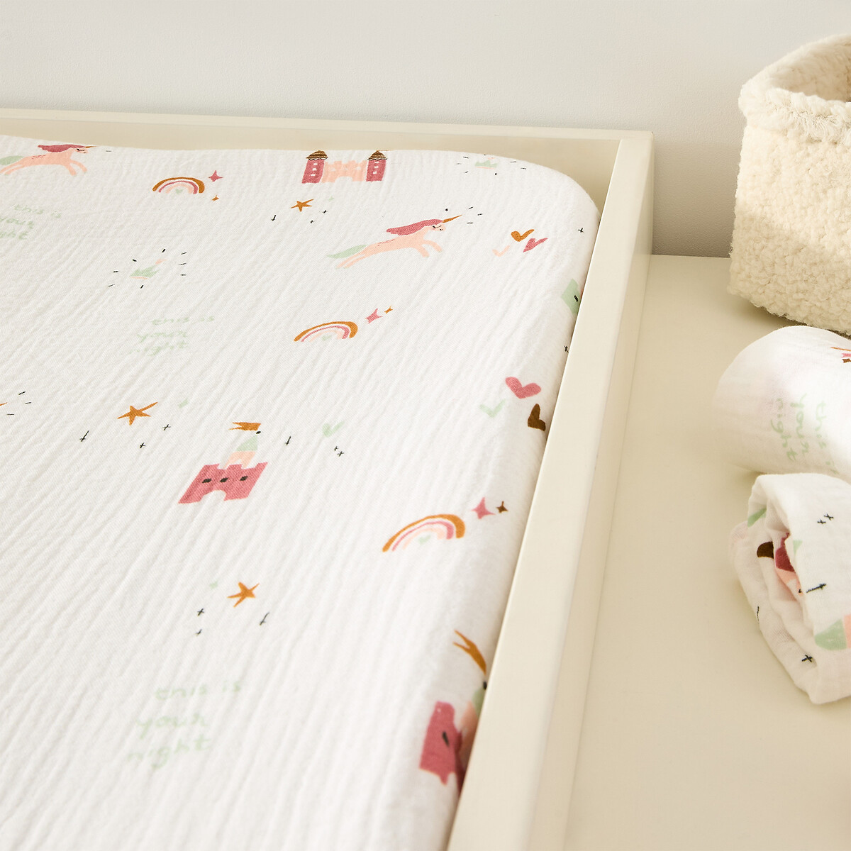 Lot de 2 housses de matelas à langer, en gaze de coton, CHATEAU LICORNE imprimé, LA REDOUTE INTERIEURS