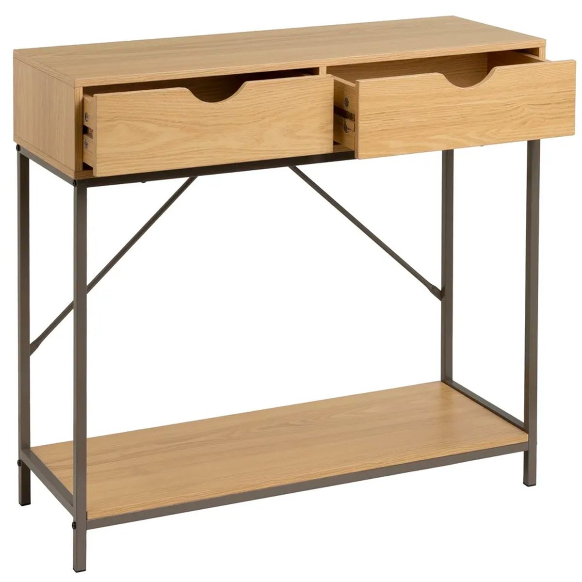 Console d'entrée couleur bois naturel et métal gris 2 Tiroirs 80x30x75cm bois, WADIGA