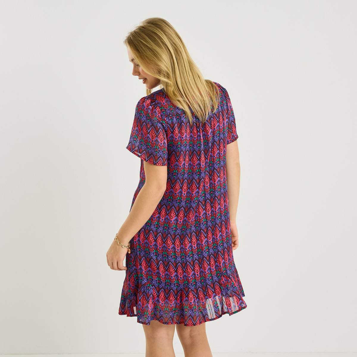 Robe courte fluide imprimé géométrique rose, GRAIN DE MALICE