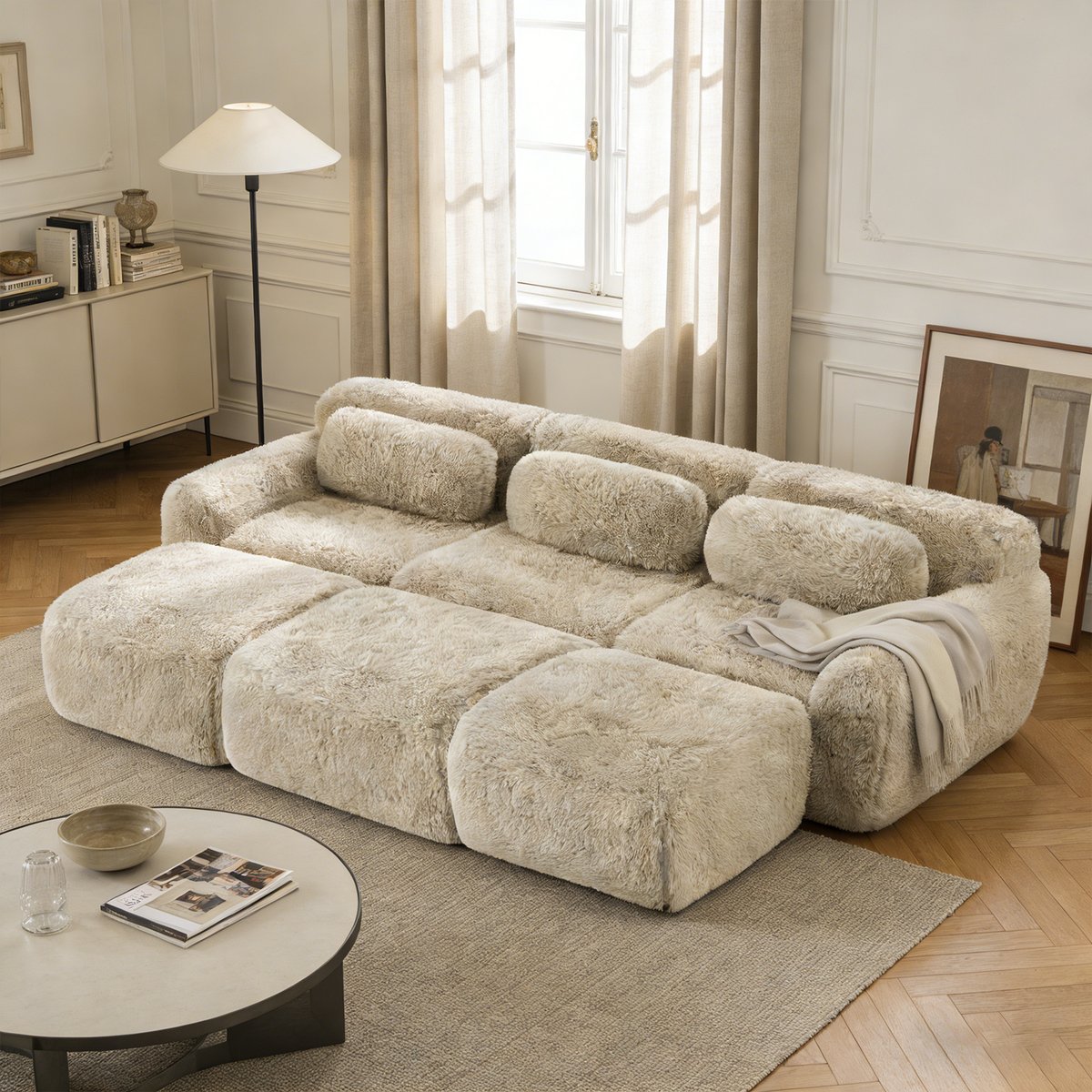 Canapé d'angle réversible 3 places avec 3 poufs, WIND kaki, MEUBLES COSY