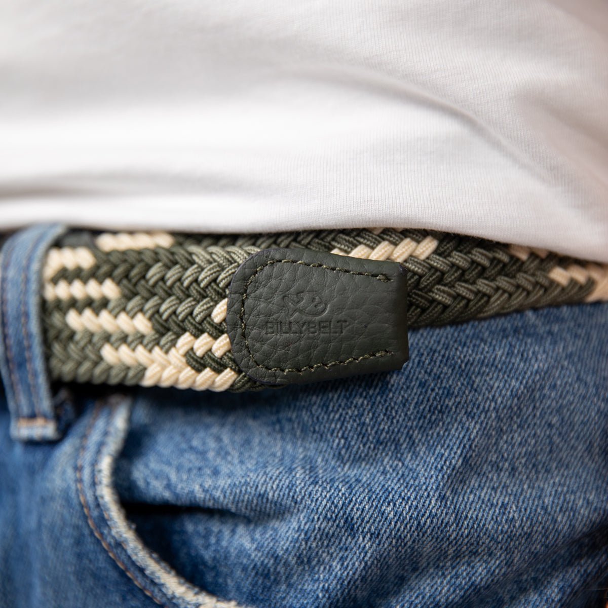 Ceinture tressée élastique MULTICOLORE vert et beige, BILLYBELT