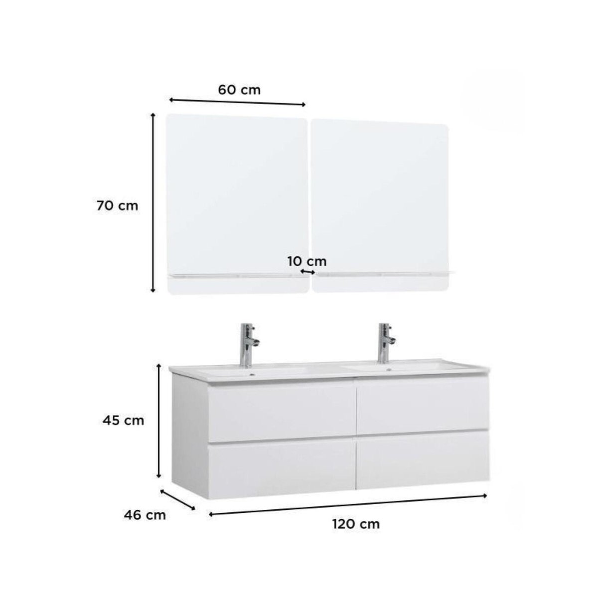 Ensemble double vasque 120cm avec vasque, robinets et miroirs SORRENTO blanc brillant, MOB IN