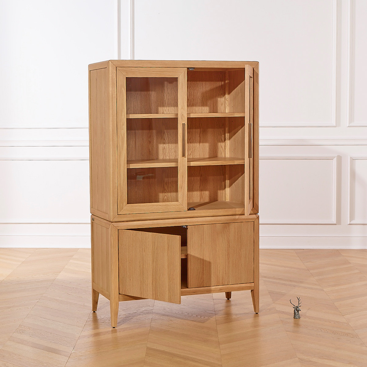 Vaisselier en chêne style contemporain, 4 portes, 3 étagères TENNESSEE beige, ROBIN DES BOIS