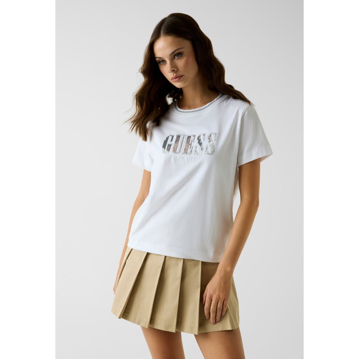 T-Shirt Avec Logo En Sequins blanc, GUESS