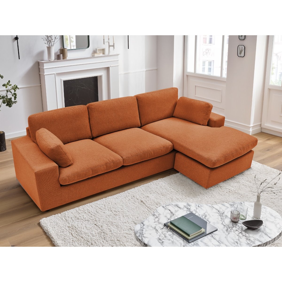 Canapé d'angle fixe 3 places en tissu, BELAIR orange, BOBOCHIC
