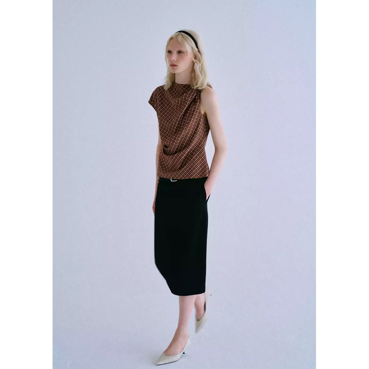 Blouse carreaux asymétrique marron, MANGO