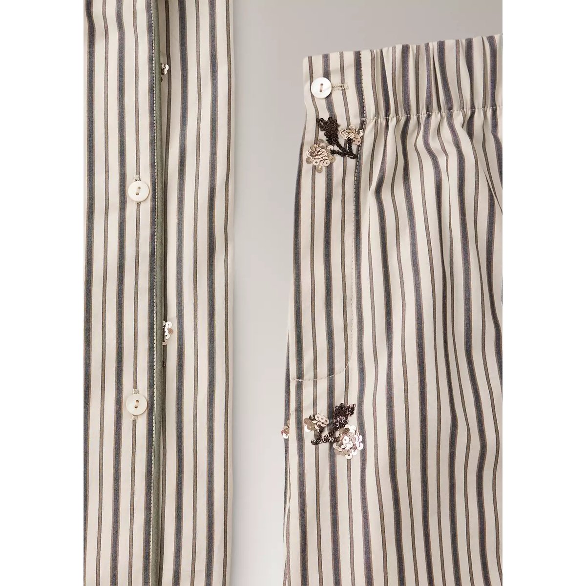 Pantalon de pyjama à rayures, fleurs brodées et paillettes sable, MANGO